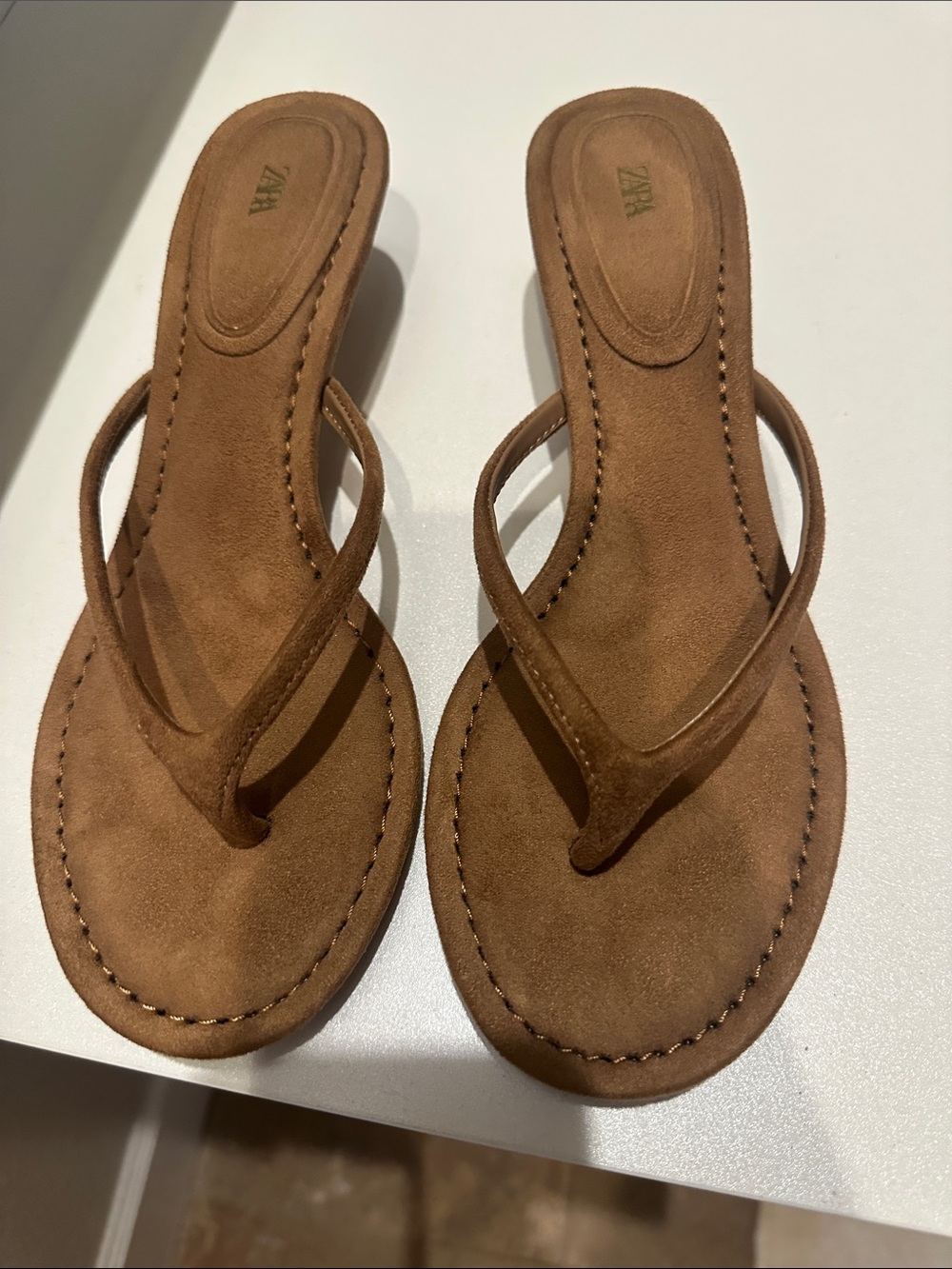Zara Tan Suede Thong Sandals for Women
